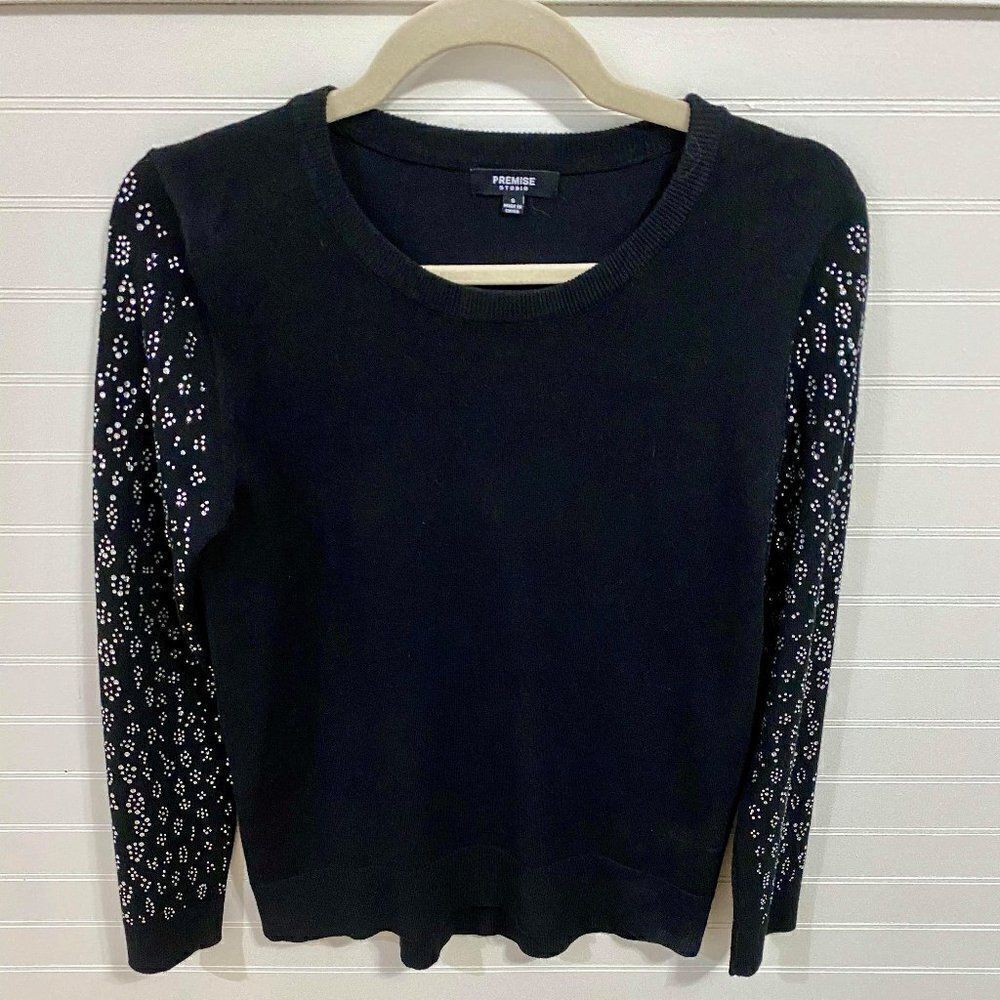Premise Studio Black Sweater W/ Rhinestone Sleeves